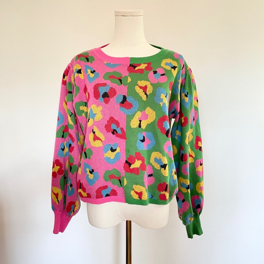 Farm Rio Colorful Leopard Sweater Women L Knit Artsy Bold Maximalist Colorful - Picture 1 of 11